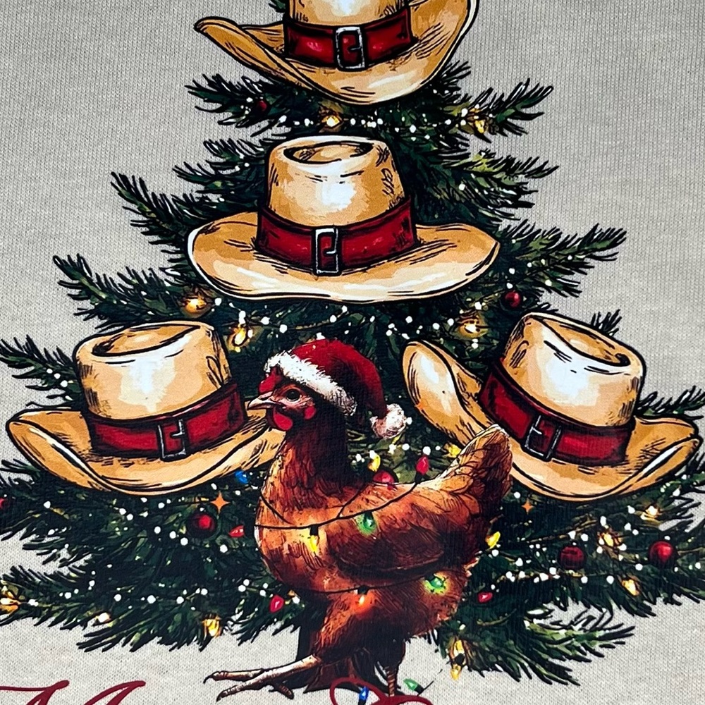 NEW Merry Chickmas Shirt size Large, Christmas, chickens,  gift, fun, cowboy hat - Picture 3 of 5